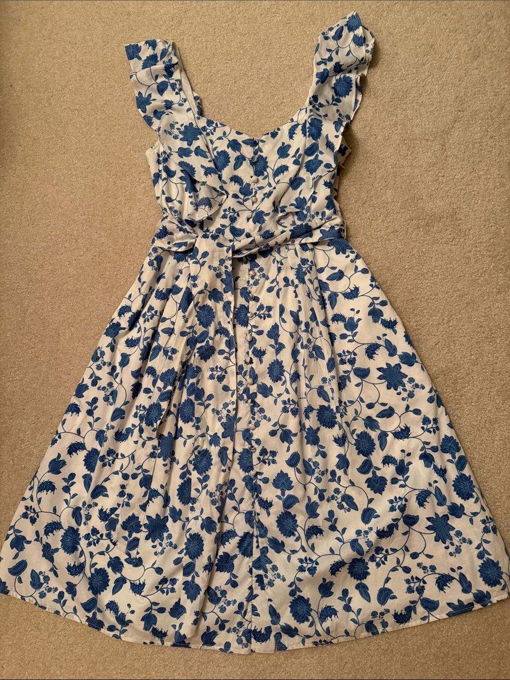 Gal Meets Glam White Midi Dress with Blue Floral Print and Ruffle Shoulders